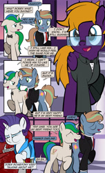 Size: 1920x3168 | Tagged: safe, artist:alexdti, imported from derpibooru, rarity, oc, oc:brainstorm (alexdti), oc:purple creativity, oc:star logic, pegasus, pony, unicorn, comic:quest for friendship, clothes, comic, dialogue, dress, ears back, eyes closed, female, folded wings, glasses, grammar error, high res, horn, looking at each other, looking at someone, male, mare, open mouth, open smile, pegasus oc, raised hoof, raised leg, smiling, speech bubble, stallion, tail, two toned mane, two toned tail, unicorn oc, wings