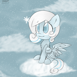 Size: 2300x2300 | Tagged: safe, artist:meotashie, imported from derpibooru, oc, oc only, oc:snowdrop, pegasus, pony, 2014, cloud, cute, female, high res, ocbetes, pegasus oc, snow, snowbetes, snowfall, snowflake, solo