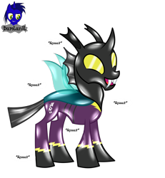 Size: 3840x4154 | Tagged: safe, artist:damlanil, imported from derpibooru, changeling, latex pony, original species, rubber pony, clothes, costume, happy, latex, latex skin, male, onomatopoeia, open mouth, open smile, rubber, rubber changeling, shadowbolts, shadowbolts costume, shiny, show accurate, simple background, smiling, solo, squeak, standing, transparent background, uniform, vector