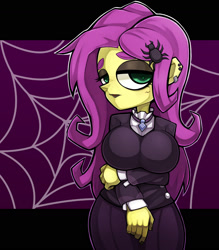 Size: 1543x1763 | Tagged: safe, artist:kyouman1010, imported from derpibooru, fluttershy, human, equestria girls, alternate hairstyle, arm under breasts, big breasts, black background, breasts, busty fluttershy, clothes, ear piercing, earring, eyeshadow, female, fluttergoth, gem, goth, jacket, jewelry, looking at you, makeup, necklace, piercing, simple background, solo, spider web