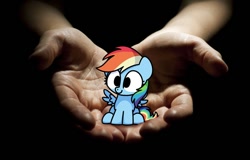 Size: 760x486 | Tagged: safe, artist:sugar morning, imported from derpibooru, rainbow dash, human, pegasus, pony, black background, chibi, cute, dashabetes, female, hand, it's dangerous to go alone, mare, simple background, sitting, take this