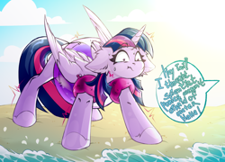 Size: 4128x2980 | Tagged: safe, artist:rico_chan, imported from derpibooru, twilight sparkle, alicorn, pony, :t, adorable distress, beach, cute, floppy ears, hydrophobia, inner tube, offscreen character, scared, shrunken pupils, sketch, solo, speech bubble, sweat, sweatdrops, trembling, twiabetes, twilight sparkle (alicorn), water, water wings