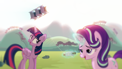 Size: 1920x1080 | Tagged: safe, artist:lumo_xu, edit, edited screencap, imported from derpibooru, screencap, starlight glimmer, twilight sparkle, alicorn, pony, unicorn, female, grass, hill, kite, kite flying, lesbian, looking at each other, looking at someone, magic, pmv, shipping, smiling, sunlight, tree, twilight sparkle (alicorn), twistarlight