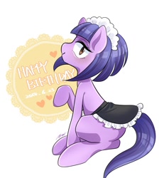 Size: 1234x1334 | Tagged: safe, artist:bbtasu, imported from derpibooru, tote bag (g4), earth pony, pony, clothes, female, happy birthday, maid, mare, simple background, solo, white background