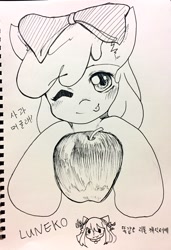 Size: 1400x2048 | Tagged: safe, artist:neko_lu_, imported from derpibooru, apple bloom, earth pony, pony, :p, apple, blushing, female, filly, foal, food, korean, looking at you, one eye closed, sketch, solo, text, tongue out, traditional art, wink