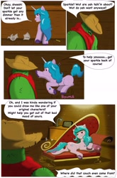 Size: 4443x6734 | Tagged: safe, artist:cactuscowboydan, imported from derpibooru, izzy moonbow, oc, pony, unicorn, comic:the good the bad and the pony, butt, cactus, comic, couch, cowboy hat, draw me like one of your french girls, g5, hat, hoof heart, lamp, paper, plot, smiling, story, upside-down hoof heart