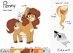 Size: 2248x1637 | Tagged: safe, artist:somefrigginnerd, imported from derpibooru, oc, oc only, oc:pencil test, earth pony, pony, succubus, chubby, colored hooves, cute, cute little fangs, cutie mark, ear piercing, earring, earth pony oc, fangs, fat, female, freckles, jewelry, long tongue, maw, mawshot, open mouth, pen, piercing, reference, reference sheet, solo, thick eyebrows, tongue out, unshorn fetlocks