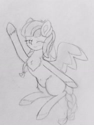 Size: 2834x3778 | Tagged: safe, artist:sodapop sprays, imported from derpibooru, oc, oc only, oc:brioche, pegasus, pony, chest fluff, ear, female, flying, looking at you, mane, mare, one eye closed, sextuplet, solo, spread wings, tail, traditional art, wings, wink, winking at you