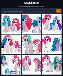 Size: 1152x1384 | Tagged: safe, imported from derpibooru, izzy moonbow, pinkie pie, earth pony, pony, unicorn, ai content, ai generated, female, g4, g5, generator:craiyon, mare, not salmon, wat