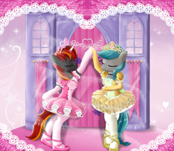 Size: 3000x2600 | Tagged: safe, artist:avchonline, imported from derpibooru, oc, oc only, oc:mysti inferno, oc:precious gemstones, earth pony, semi-anthro, unicorn, ballerina, ballet, ballet slippers, blushing, boyfriends, castle, clothes, colored horn, crossdressing, dancing, duo, gloves, hair tie, heart, holding hooves, horn, jewelry, love, male, multicolored hair, pink tutu, tiara, tights, tutu, yellow tutu