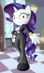Size: 1200x2000 | Tagged: safe, artist:flash equestria photography, imported from derpibooru, rarity, anthro, unicorn, blouse, breasts, business suit, busty rarity, cleavage, clothes, dress shirt, mobian, pants, shirt, solo, sonic the hedgehog (series), sonicified, suit