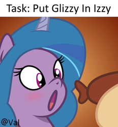 Size: 1920x2067 | Tagged: safe, artist:grapefruit-face, artist:pegasisterartmlp, imported from derpibooru, izzy moonbow, pony, unicorn, base used, blushing, food, g5, glizzy, hot dog, meat, my little pony: tell your tale, o mouth, open mouth, sausage, solo