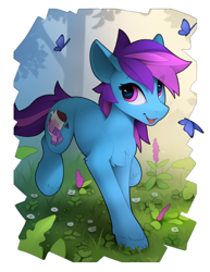 Size: 1600x2070 | Tagged: safe, artist:yakovlev-vad, imported from derpibooru, oc, oc only, oc:nohra, butterfly, earth pony, pony, flower, lacrimal caruncle, simple background, slim, solo, sternocleidomastoid, thin, white background