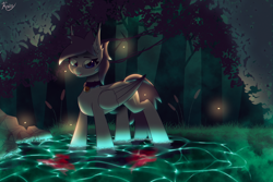 Size: 6000x4000 | Tagged: safe, artist:kainy, imported from derpibooru, oc, oc only, oc:kainy, bat pony, hybrid, pegasus, bell, bell collar, collar, forest, night, slim, water