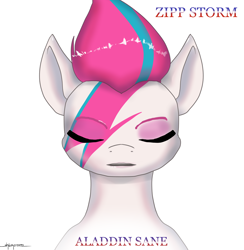 Size: 2476x2538 | Tagged: safe, artist:shikogo, imported from derpibooru, zipp storm, pegasus, pony, aladdin sane, album cover, bust, david bowie, eyebrows, eyes closed, face paint, female, front view, g5, high res, hilarious in hindsight, mare, ponified, ponified album cover, portrait, reference, signature, simple background, solo, text, white background