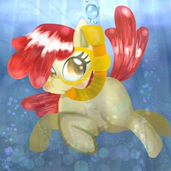 Size: 1024x1024 | Tagged: safe, artist:doubt, imported from derpibooru, apple bloom, earth pony, pony, adorabloom, blushing, cute, female, filly, foal, goggles, smiling, snorkel, snorkeling, solo, swimming goggles, underwater