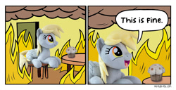 Size: 1200x615 | Tagged: safe, artist:meplushyou, imported from derpibooru, derpy hooves, pegasus, pony, comic, fire, food, happy, muffin, plushie, smiling, solo, this is fine