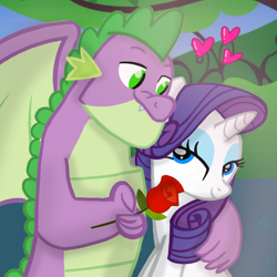 Size: 720x720 | Tagged: safe, artist:mlplary6, imported from derpibooru, rarity, spike, dragon, pony, unicorn, female, flower, heart, looking at each other, looking at someone, male, mare, older, older spike, shipping, smiling, smiling at each other, sparity, straight