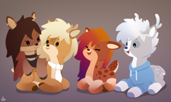 Size: 1000x600 | Tagged: safe, artist:luminousdazzle, imported from derpibooru, oc, oc only, oc:cold forest, oc:deeraw, oc:elmwood, oc:silver, deer, body markings, clothes, cute, doe, ear piercing, female, happy, hoodie, looking at each other, looking at someone, lying down, male, necktie, piercing, simple, simple background, simple shading, smiling, stag, unshorn fetlocks