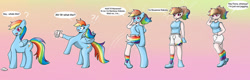 Size: 1280x409 | Tagged: safe, artist:quickcast, imported from derpibooru, rainbow dash, human, pegasus, clothes, commission, human coloration, humanized, implied fluttershy, mental shift, phone, pony to human, rainbow socks, socks, striped socks, transformation, transformation sequence