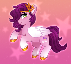 Size: 2067x1878 | Tagged: safe, artist:emera33, imported from derpibooru, pipp petals, pegasus, pony, adorapipp, backwards cutie mark, blushing, chest fluff, cute, ear fluff, eyebrows, female, flying, g5, gradient background, hair over one eye, looking at you, mare, my little pony: a new generation, signature, smiling, smiling at you, solo