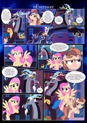 Size: 3259x4607 | Tagged: safe, artist:estories, imported from derpibooru, discord, fluttershy, oc, oc:alice goldenfeather, draconequus, pegasus, pony, comic:nevermore, alice is not amused, angry, comic, crossed hooves, eyes closed, female, floppy ears, flying, frown, high res, looking at each other, looking at someone, male, mare, one eye closed, open mouth, open smile, pegasus oc, smiling, speech bubble, spread wings, trio, unamused, wings