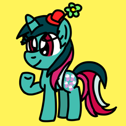 Size: 768x768 | Tagged: safe, artist:danielthebrony57, imported from derpibooru, fizzy, pony, twinkle eyed pony, unicorn, cute, eye clipping through hair, female, fizzybetes, flower, flower on hat, full body, g1, g1 to g4, g4, generation leap, girl fizzy, hat, hooves, mare, multicolored hair, multicolored mane, multicolored tail, raised arm, red eyes, simple background, smiling, solo, standing, tail, that was fast, yellow background