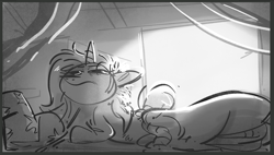 Size: 1517x863 | Tagged: safe, artist:imsokyo, trixie, pony, unicorn, bed, blanket, female, lying down, mare, monochrome, pillow, waking up