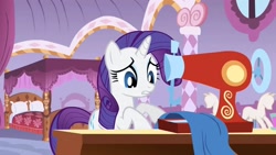 Size: 1280x720 | Tagged: safe, imported from derpibooru, screencap, rarity, pony, unicorn, season 1, stare master, bedroom, carousel boutique, female, mannequin, mare, sewing, sewing machine, table