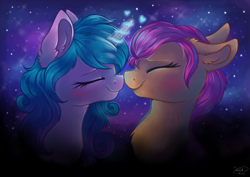 Size: 4093x2894 | Tagged: safe, artist:julunis14, imported from derpibooru, izzy moonbow, sunny starscout, earth pony, pony, unicorn, blushing, boop, couple, digital art, eyes closed, female, floppy ears, g5, izzyscout, lesbian, magic, night, night sky, nose wrinkle, noseboop, nuzzling, shipping, sky, stars, the cosmos