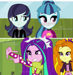 Size: 1053x1076 | Tagged: safe, artist:pcnycity, imported from derpibooru, adagio dazzle, aria blaze, coloratura, sonata dusk, human, equestria girls, @jiminhope, blushing, female, lesbian, shipper on deck, shipping, the dazzlings