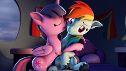 Size: 3840x2160 | Tagged: safe, artist:psfmer, imported from derpibooru, rainbow dash, twilight sparkle, alicorn, pegasus, 3d, 4k, bed, cheek kiss, cute, eyes closed, face licking, female, floppy ears, high res, hug, kissing, lesbian, licking, rainbow dash's bedroom, revamped ponies, shipping, source filmmaker, twidash, twilight sparkle (alicorn), unshorn fetlocks