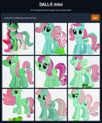 Size: 1152x1384 | Tagged: safe, imported from derpibooru, minty, earth pony, frog, pony, abomination, ai content, ai generated, blursed image, cursed image, g3, generator:craiyon, machine learning abomination, multiple tails, not salmon, tail, tree frog, two tails, wat