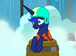 Size: 1547x1139 | Tagged: safe, imported from derpibooru, screencap, princess luna, alicorn, pony, between dark and dawn, adorable face, barehoof, barrel, cute, female, helmet, horn, lifejacket, luna is not amused, lunabetes, mare, scared, unamused, water, worried