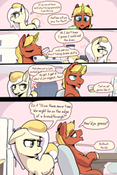 Size: 3000x4500 | Tagged: safe, artist:storyteller, imported from derpibooru, oc, oc:hard boiled, oc:sunny side, earth pony, unicorn, comic:eavesdrop, alcohol, annoyed, argument, comic, dialogue, female, kitchen, male, mare, sarcasm, speech bubble, stallion