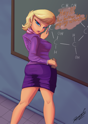 Size: 2480x3508 | Tagged: safe, artist:reminic, imported from derpibooru, ms. harshwhinny, human, equestria girls, angry, ass, blonde, blonde hair, blue eyes, butt, canterlot high, chalk, chalkboard, chemistry, classroom, clothes, cougar, ear piercing, earring, eyebrows, eyeshadow, female, frown, high res, hot for teacher, jewelry, legs, looking at you, looking back, looking back at you, makeup, miniskirt, ms. harshbooty, open mouth, piercing, scarf, sexy, she got legs, signature, skirt, solo, stupid sexy ms. harshwhinny, teacher, teaching, text, thighs, tight clothing, tuxedo, uniform