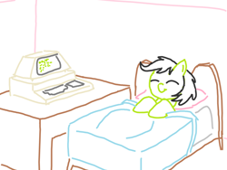 Size: 1200x900 | Tagged: safe, artist:purblehoers, imported from derpibooru, oc, oc:filly anon, earth pony, pony, bed, comfy, commodore pet, computer, desk, eyes closed, female, filly, foal, good night, ms paint, smiling, solo