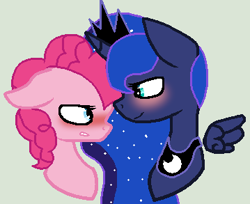 Size: 359x293 | Tagged: safe, artist:junetheicecat, imported from derpibooru, pinkie pie, princess luna, blushing, disembodied head, female, floating wings, lesbian, lesbian couple, lunapie, shipping, wings