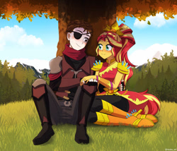 Size: 966x828 | Tagged: safe, artist:riouku, imported from derpibooru, sunset shimmer, oc, human, equestria girls, legend of everfree, boots, canon x oc, clothes, commission, crystal guardian, eyepatch, female, grass, high heel boots, male, ponied up, romance, shipping, shoes, sitting, solo, straight, tree