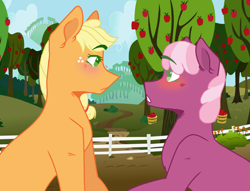 Size: 1600x1223 | Tagged: safe, artist:junetheicecat, imported from derpibooru, applejack, cheerilee, apple, apple tree, blushing, cheerijack, female, fence, lesbian, shipping, tree