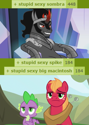 Size: 320x450 | Tagged: safe, edit, edited screencap, imported from derpibooru, screencap, big macintosh, king sombra, spike, dragon, earth pony, pony, unicorn, derpibooru, season 9, the beginning of the end, the big mac question, spoiler:s09, big macintosh is not amused, big macintosh's yoke, caption, collar, crystal empire, duo, horse collar, image macro, long live the king, looking at you, male, meta, solo, spike is not amused, stallion, stupid sexy big macintosh, stupid sexy sombra, stupid sexy spike, sweet apple acres, tags, text, unamused, winged spike, wings