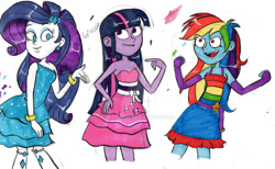 Size: 1280x791 | Tagged: safe, artist:retroneb, imported from derpibooru, rainbow dash, rarity, twilight sparkle, human, equestria girls, equestria girls (movie), bare shoulders, boots, clothes, deviantart watermark, dress, fall formal outfits, obtrusive watermark, shoes, simple background, sleeveless, strapless, watermark, white background