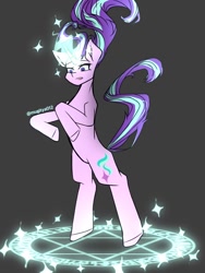 Size: 768x1024 | Tagged: safe, artist:mugitya012, imported from derpibooru, starlight glimmer, pony, unicorn, bipedal, female, glowing, glowing horn, gray background, horn, magic, magic aura, mare, simple background, solo