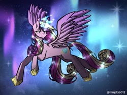 Size: 1024x768 | Tagged: safe, artist:mugitya012, imported from derpibooru, princess cadance, alicorn, pony, aurora borealis, concave belly, female, glowing, glowing horn, horn, magic, magic aura, mare, solo, stylized, wings