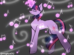 Size: 1024x768 | Tagged: safe, artist:mugitya012, imported from derpibooru, twilight sparkle, pony, unicorn, eyes closed, female, glowing, glowing horn, gray background, horn, magic, magic aura, mare, music notes, profile, simple background, solo, unicorn twilight