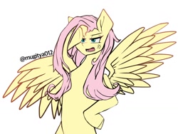 Size: 1024x768 | Tagged: safe, artist:mugitya012, imported from derpibooru, fluttershy, pegasus, pony, cross-popping veins, female, hoof on hip, mare, simple background, solo, white background, wings