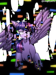 Size: 768x1024 | Tagged: safe, artist:mugitya012, imported from derpibooru, twilight sparkle, alicorn, pony, corrupted, female, horn, mare, pibby, solo, twilight sparkle (alicorn), wings