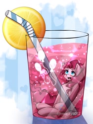 Size: 768x1024 | Tagged: safe, artist:mugitya012, imported from derpibooru, pinkie pie, earth pony, pony, cup, cup of pony, drink, female, food, foodplay, glass, heart, heart background, lemon, looking up, mare, micro, simple background, solo, straw, white background