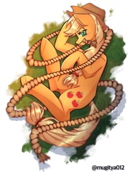 Size: 768x1024 | Tagged: safe, artist:mugitya012, imported from derpibooru, applejack, earth pony, pony, applejack's hat, cowboy hat, female, hat, lying down, mare, mouth hold, rope, simple background, solo, white background