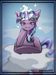 Size: 768x1024 | Tagged: safe, artist:mugitya012, imported from derpibooru, starlight glimmer, pony, unicorn, the cutie re-mark, cloud, female, glowing, glowing horn, horn, magic, magic aura, mare, sky, solo